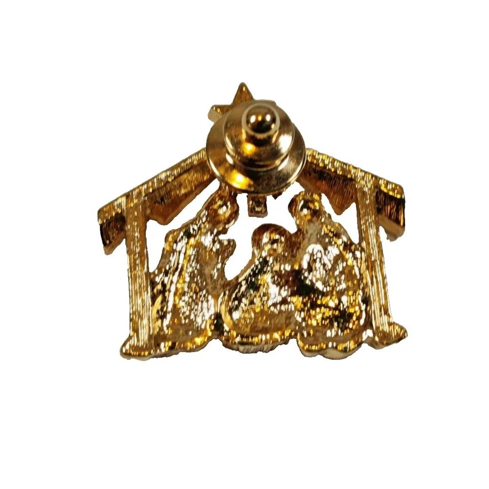 Vintage Gold Tone Rhinestone Nativity Scene Brooch Pin
